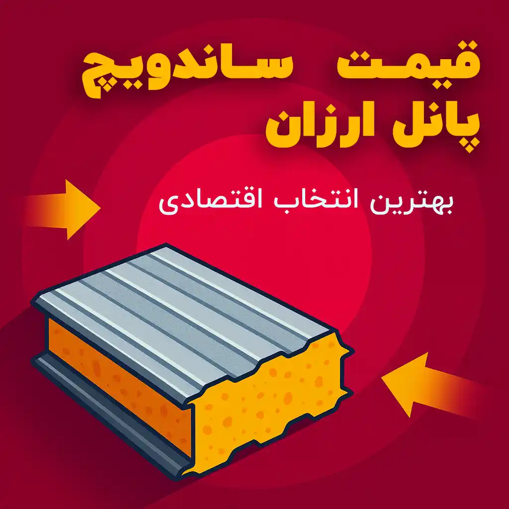 عکس شاخص گرافیکی ساندویچ پانل با متن فارسی «قیمت ساندویچ پانل ارزان؛ بهترین انتخاب اقتصادی» در پس‌زمینه‌ای پویا