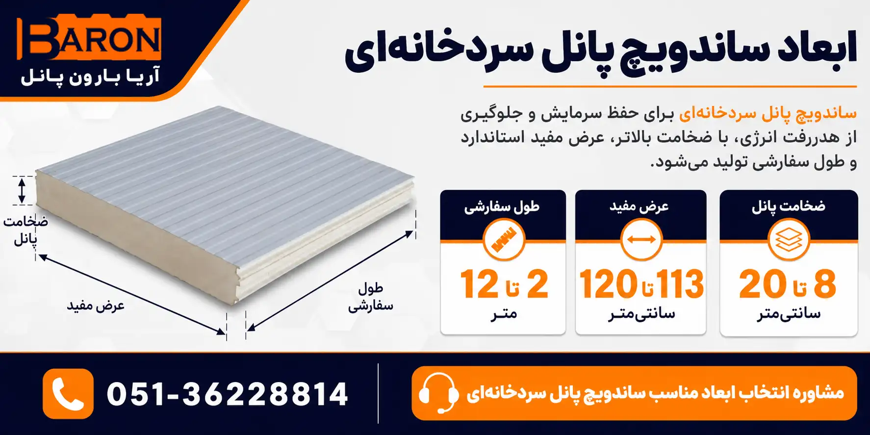 ابعاد ساندویچ پانل سردخانهای شامل ضخامت، عرض مفید و طول سفارشی