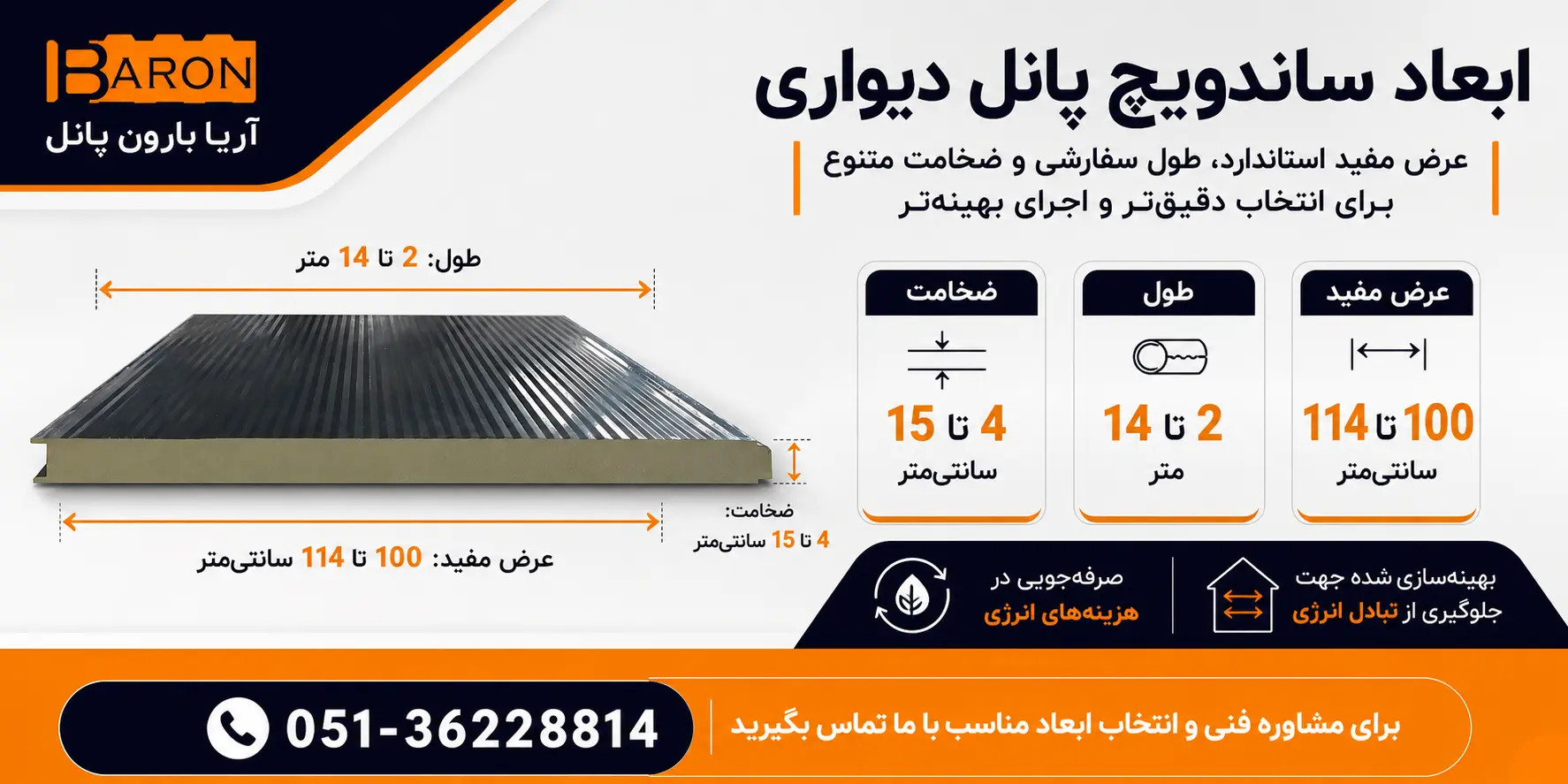 ابعاد ساندویچ پانل دیواری شامل عرض مفید، طول و ضخامت استاندارد